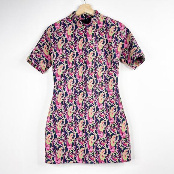 2/$30 NWT ZARA Floral Mini Shift Dress Navy Pink High Neck Short Sleeve #7305 - Picture 3 of 16
